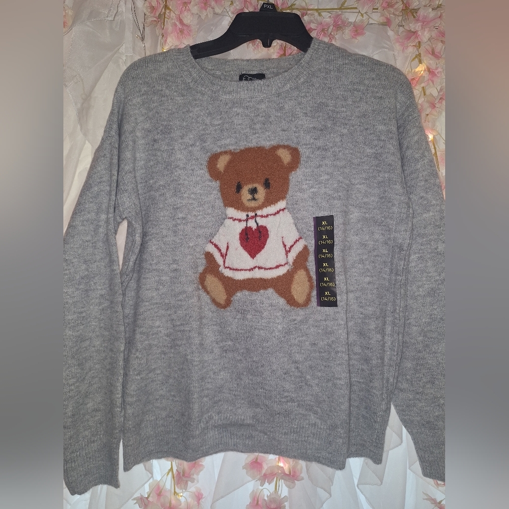 Gray Teddy Bear Sweater with Heart Motif